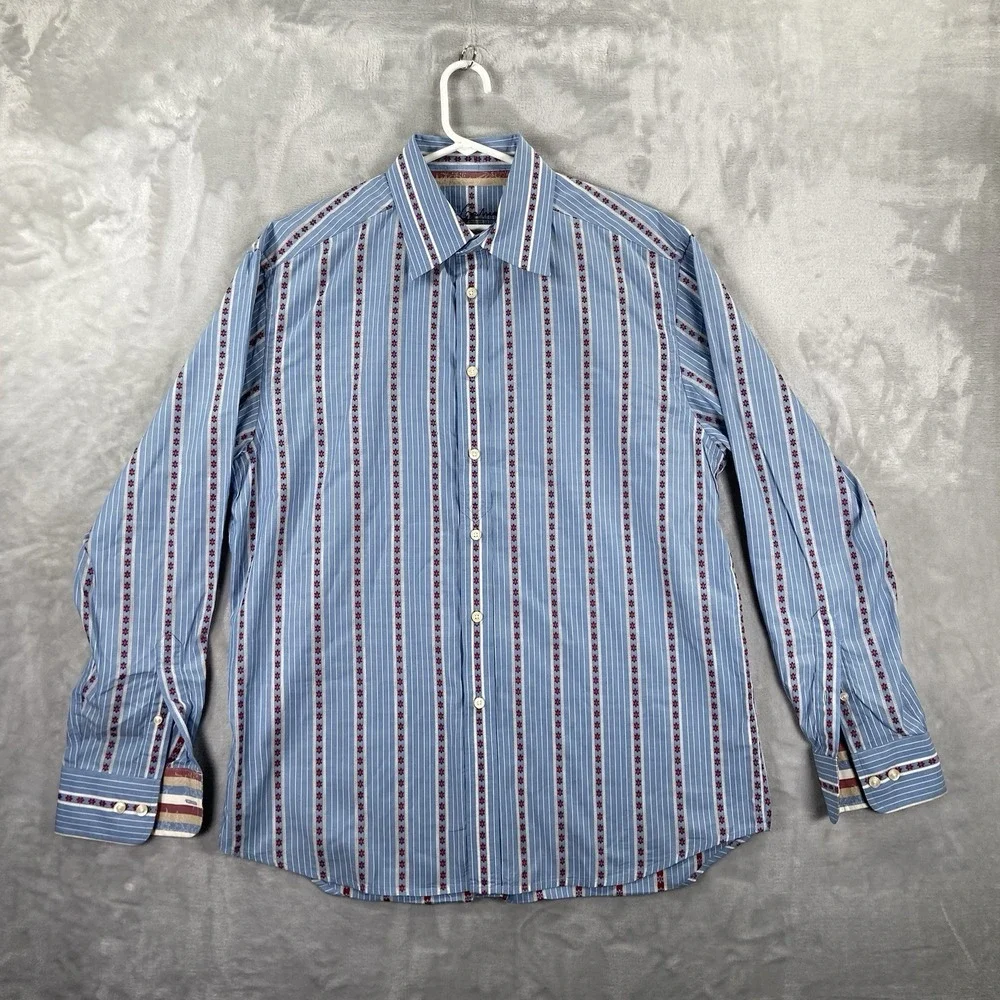 Robert Graham Shirt Mens Large Button Up Long Sleeve Flip Cuffs Striped Designer